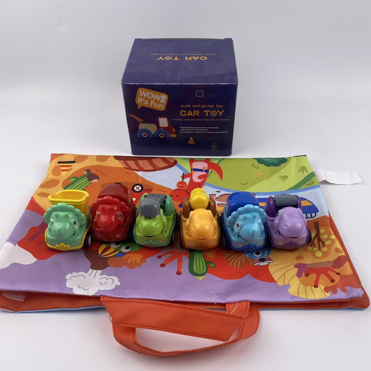Dinosaur Design Inertia Car Toy, 6 Counts/set Friction Power Engineering Vehicle Toy with 2 in 1 Game Mat Storage Bag, Birthday Gift for Children