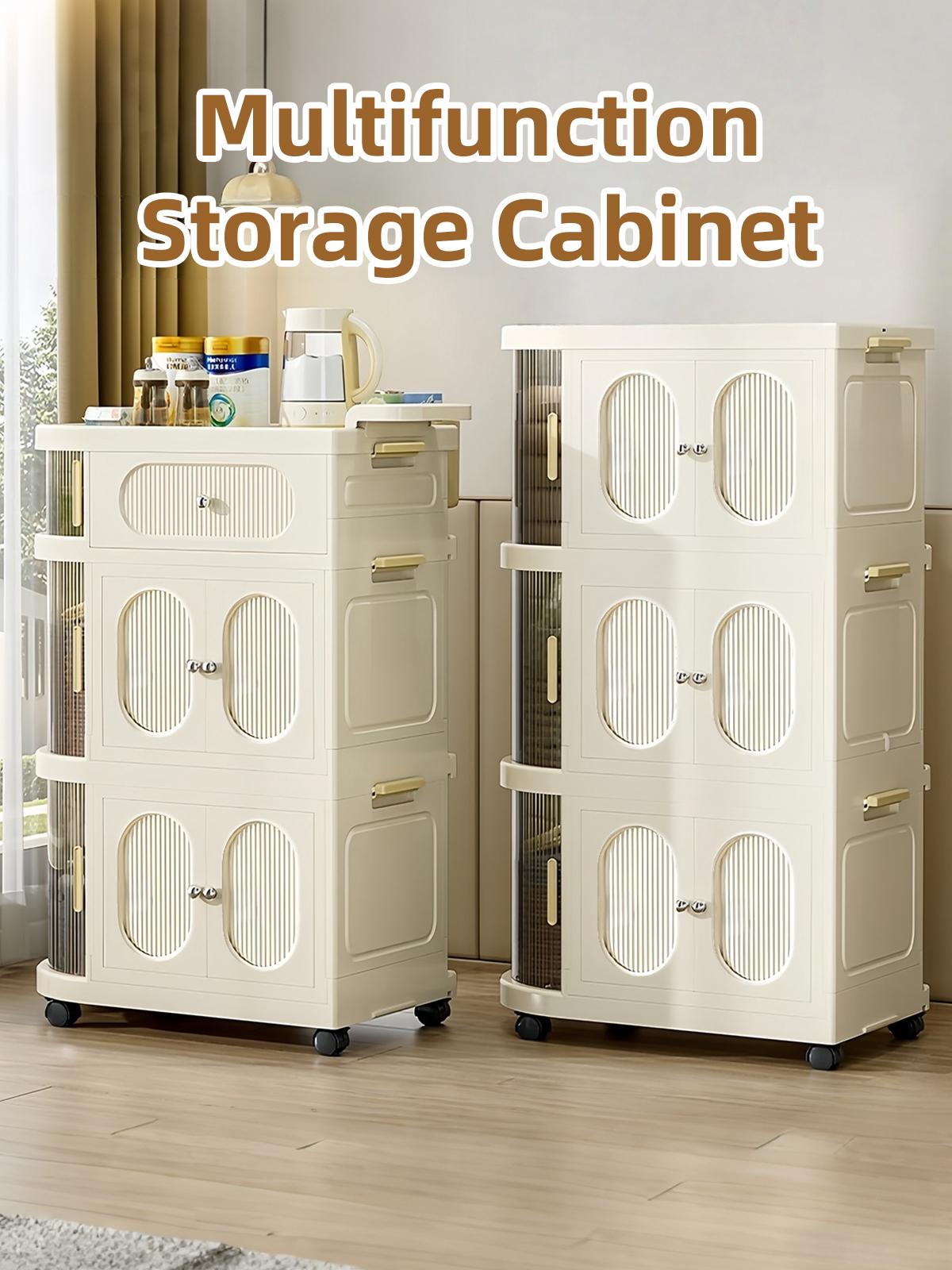 Multi-Layer Slim Storage Cart with Magnetic Doors - Portable Cabinet on Wheels with Handle, Large Capacity Organizer for Toys & Diapers, Foldable Trolley for Kids Room & Hallway, Easy Install Storage System