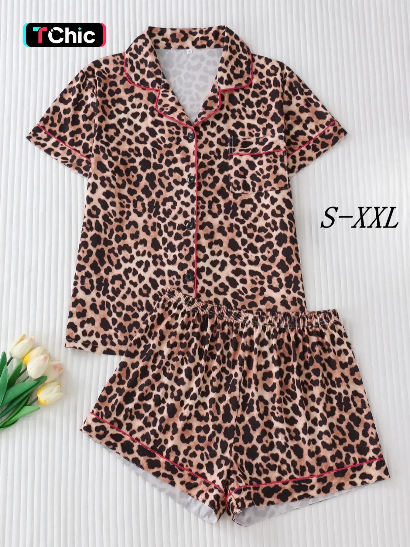 Women's Leopard Print Short Sleeve Pajama, Elegant Chic Button Up Lapel Neckline Top & Shorts Pyjama Set, Ladies Sleepwear for Summer, Loungewear, Womenswear, Homewear, Leopard Print Pajamas, Pyjamas Set, Pajamas Sets