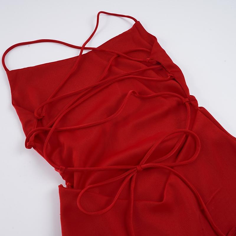 Women's Sexy High Slit Ruffle Hem Satin Strap Red Long Dress, Tie Back  Large Backless Design Square Neck Slim Fit Bodycon Formal Party Gown,  Elegant Chic Fashionable Evening Dress - TikTok Shop