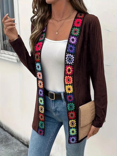 Women's Fashion Solid Color Ribbed Ethnic Patchwork Cardigan Long Sleeve Coat, Casual Fitted Knitwear for Fall Winter Daily Wear
