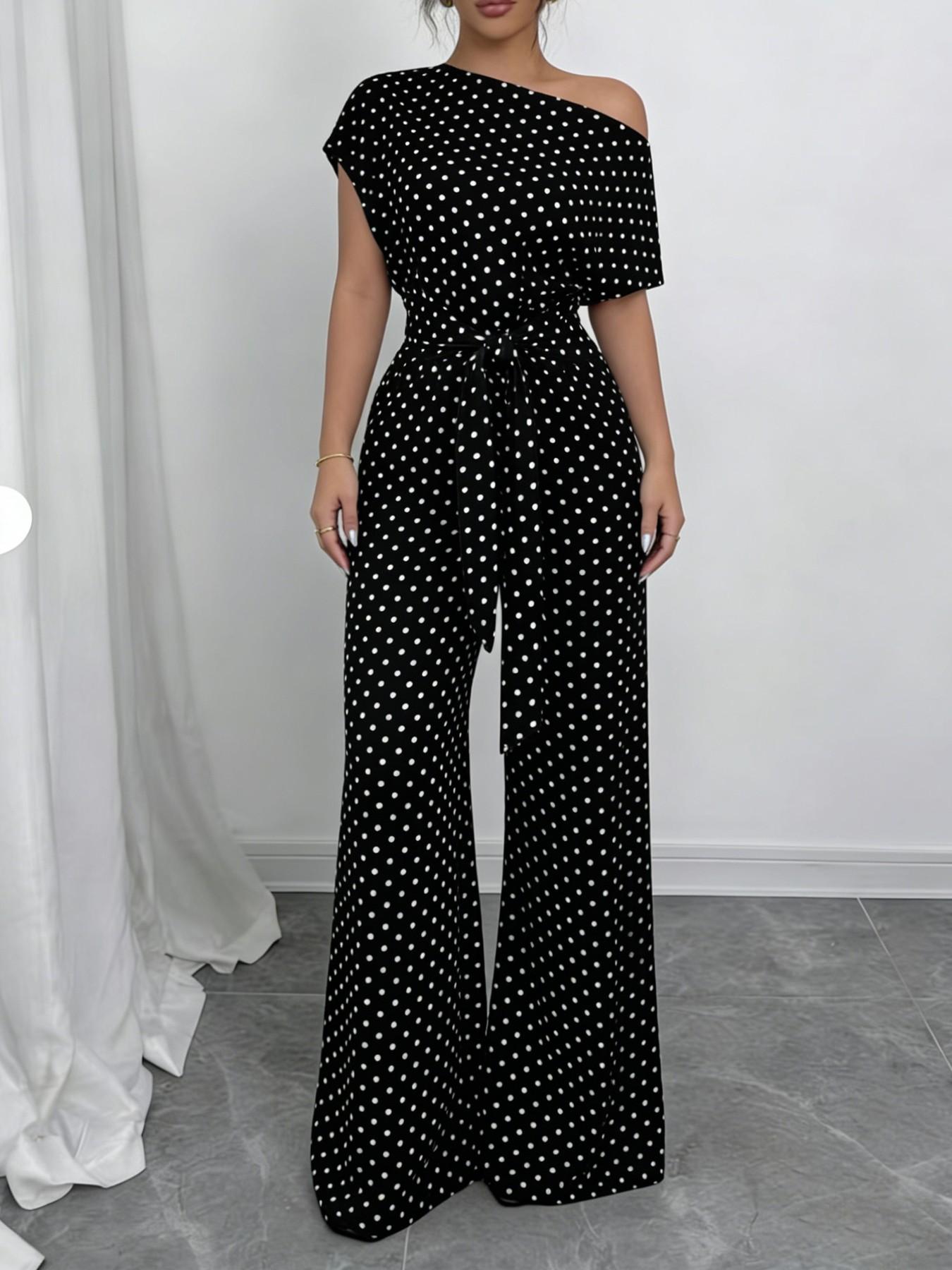 Women's Polka Dot Jumpsuit, Asymmetric One Shoulder, Short Sleeves, Waist Tie Belt, Wide Leg Full Length, Smooth Drapey Woven Fabric, Office Commute, Date Night & Party Wear, Breathable Non-Wrinkle Fabric, Elegant Retro Polka Dot Style