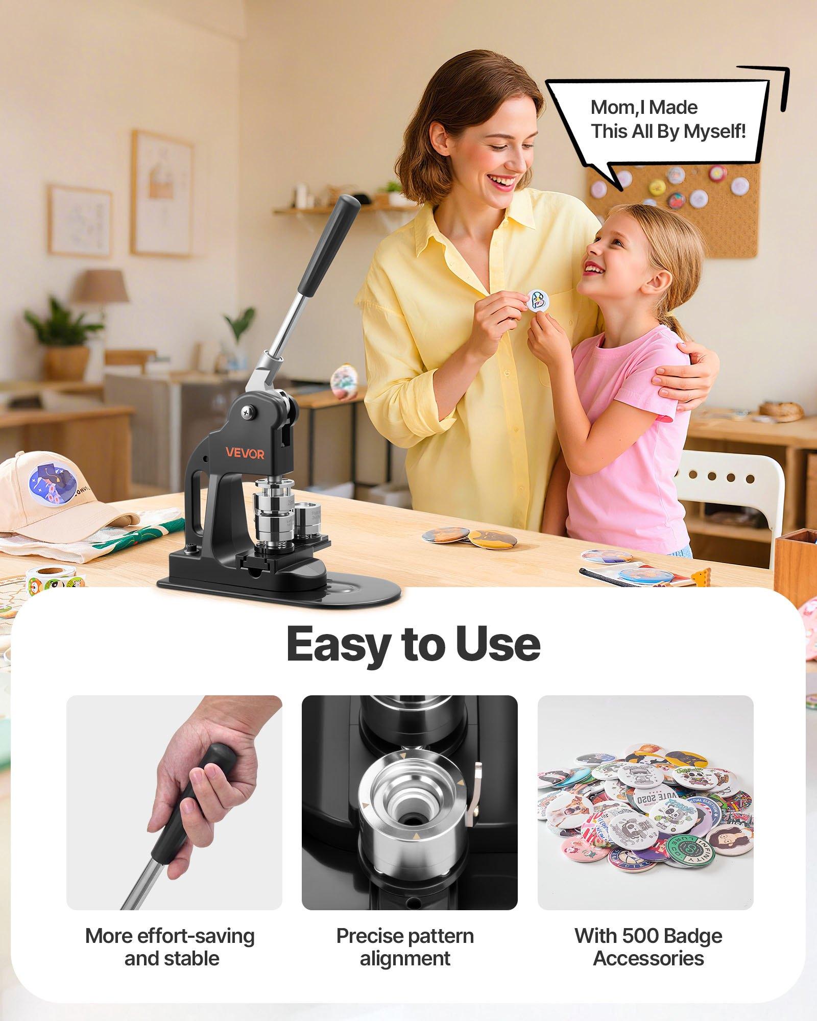 【Father's Day gift】VEVOR Button Maker Machine, 1 in, Pin Maker Machine with 500pcs Button Parts, Circle Cutter, Hex Wrenches and Magic Book, Ergonomic Handle, for DIY Badges, Personalized Pins and Key Chains, Black
