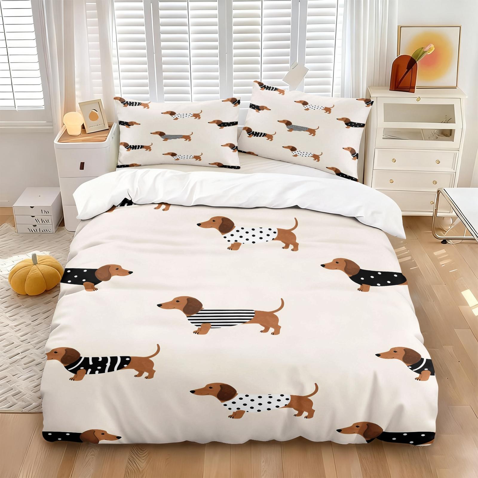 3PCS Cartoon Patchwork Dachshund Duvet Cover Set（1 Duvet Cover + 1-2 Coreless Pillowcases ), Vintage Geometric Floral Sausage Dog Pattern, Soft Comfy All Seasons Bedding Set,Ideal for Cute Pet Themed Bedroom Decor