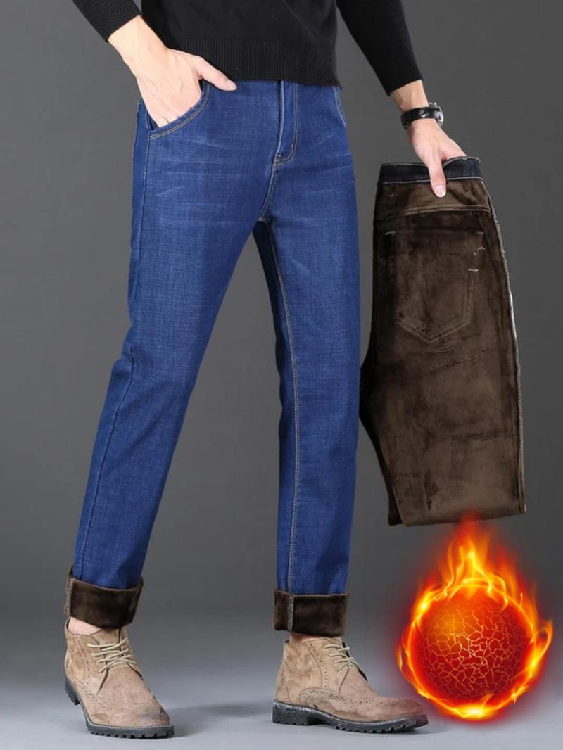 Men's Fleece Lined Thick Denim Jeans, Loose Straight Leg Elastic Big Size Business Casual Pants for Fall Winter, Comfortable & Stylish