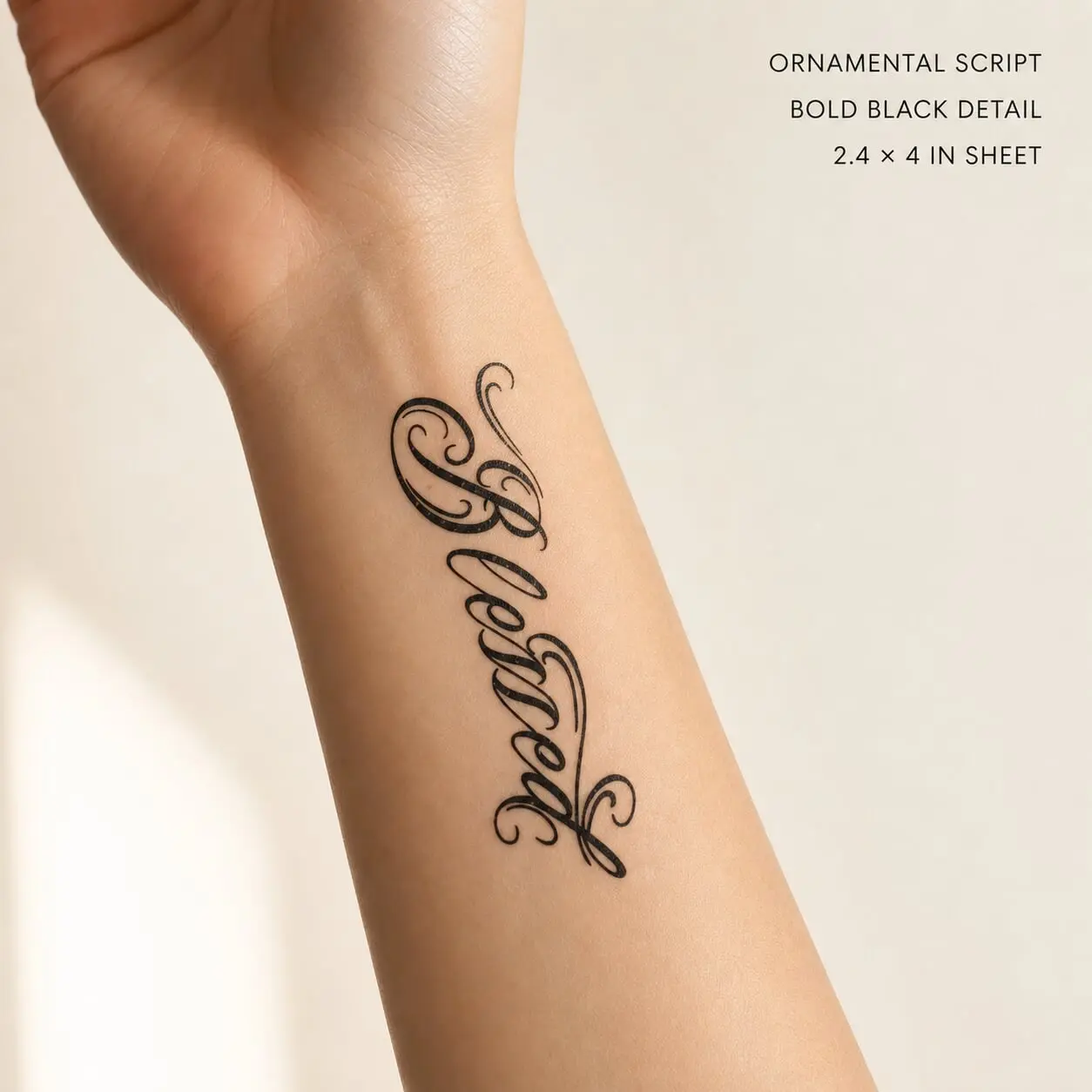 Blessed Vertical Chicano Cursive Temporary Tattoos, Decorative Script Letter Fake Body Stickers, Waterproof Word Text Temporary Tattoos for Men Women, 4 Sheets