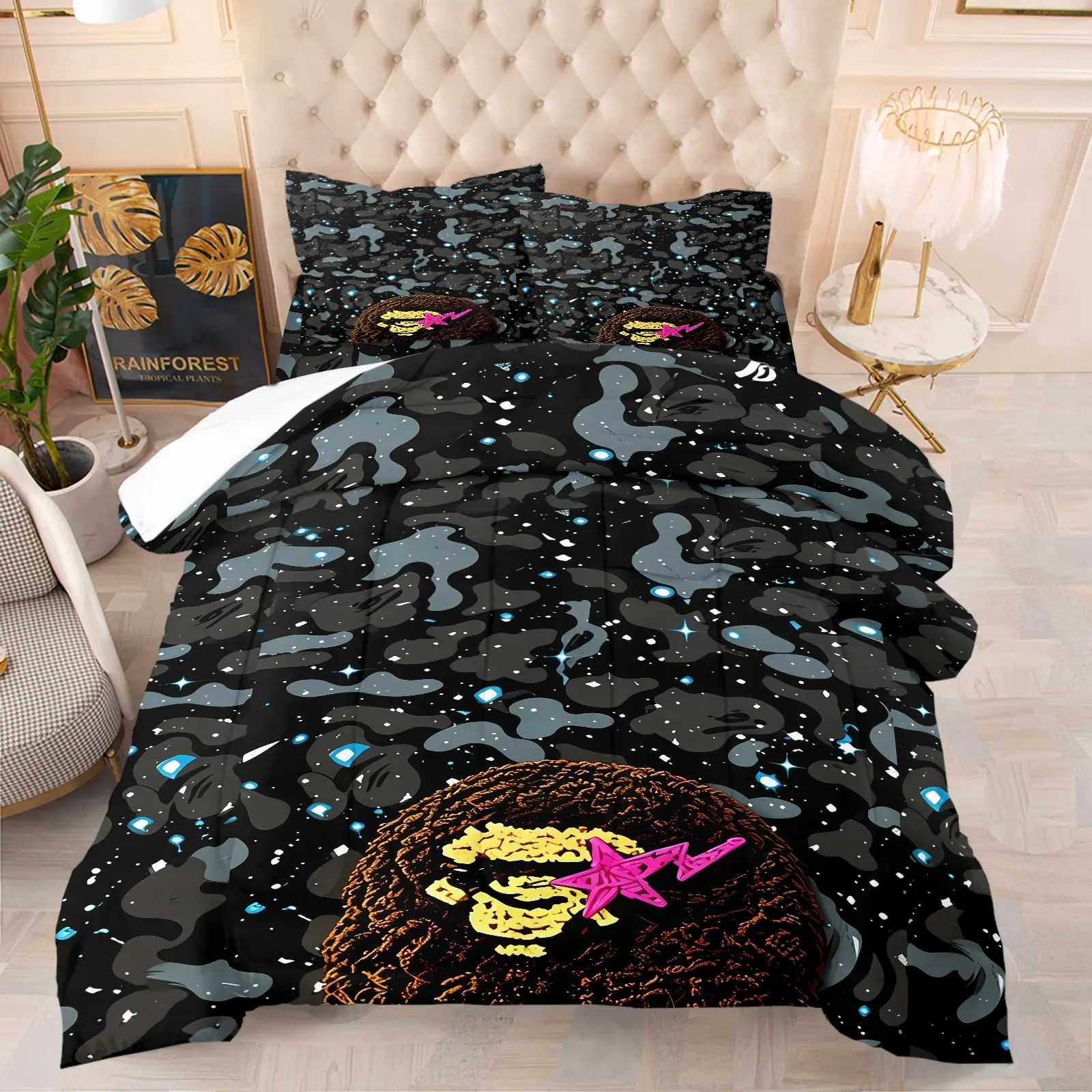 Space Camo Ape Head Star Comforter Set (1 Comforter + 1-2 Coreless Pillowcases), Soft Comfy Durable Washable, All Season Microfiber Bedding, Galaxy Camouflage Print Decorative Bed Set for Teens Boys Bedroom Dorm