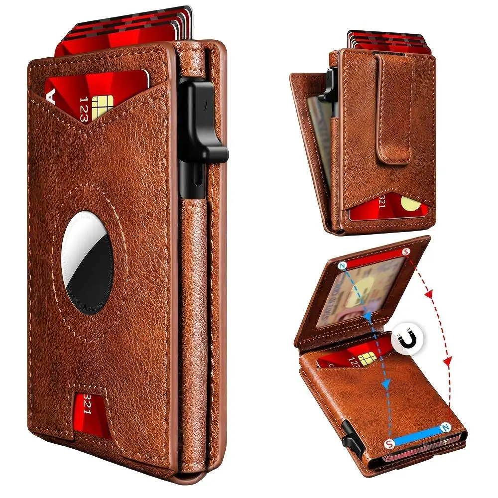Men's Cowhide Leather Short Wallet with Flip Closure - Smart Slim Pop Up Money Clip, RFID Blocker, 9-12 Card Holders, Plant Print, Retro Look, Suitable for Casual Wear, Ideal Gift for Boyfriend