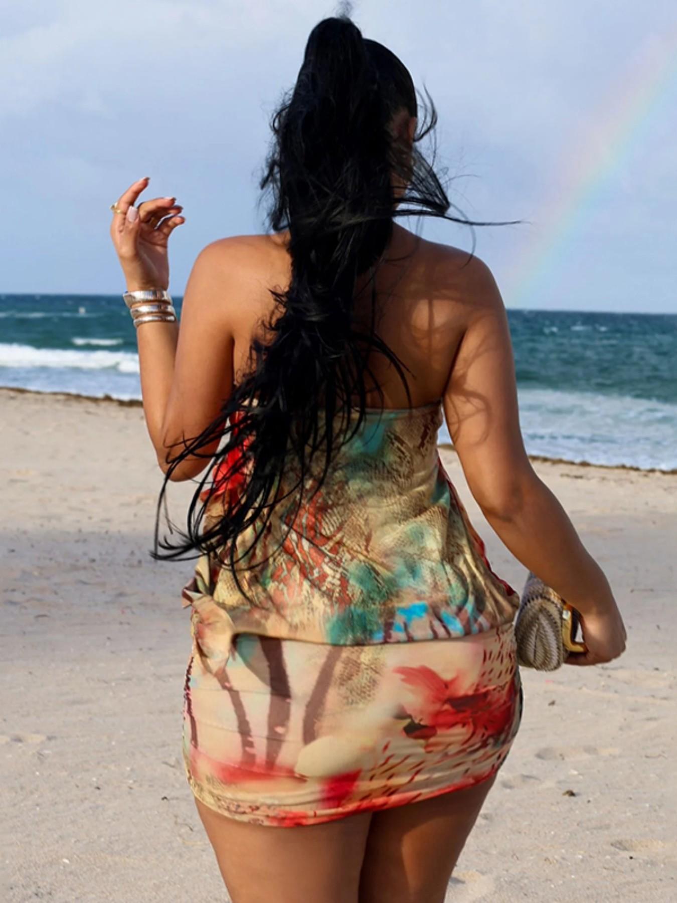 Women Vacation Printed Sleeveless Strapless Bodycon Dress with Metal Buckle Splicing Long Ribbons Slim Fit Summer Casual Chic Beach Party Resort Wear Perfect for Beach Vacations Dates