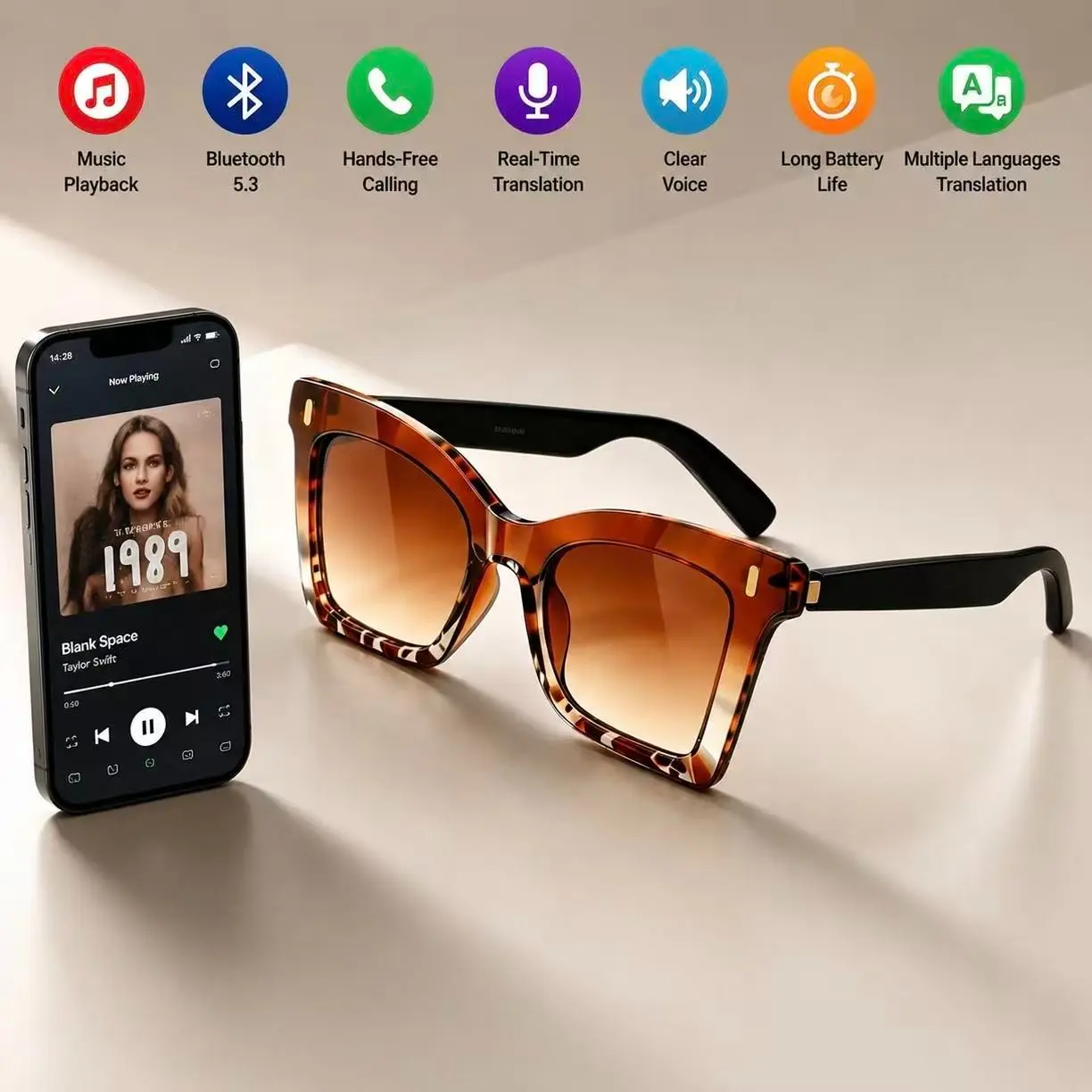 Smart translation glasses, AI Bluetooth glasses, supporting multi-language translation, music glasses, in ear automatic detection switch, Multifunctional audio sunglasses, sweat proof, sun protection, suitable for travel, navigation