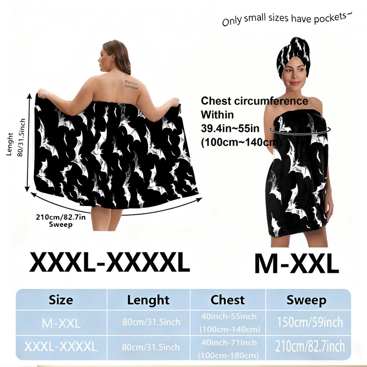 2 Pcs Halloween Bat Print Bath Skirt Set, Premium Towel Set, Non-Slip Absorbent Wearable Towel, Sizes M‑XXXXL, Ideal for Spa, Beach, Festive Events