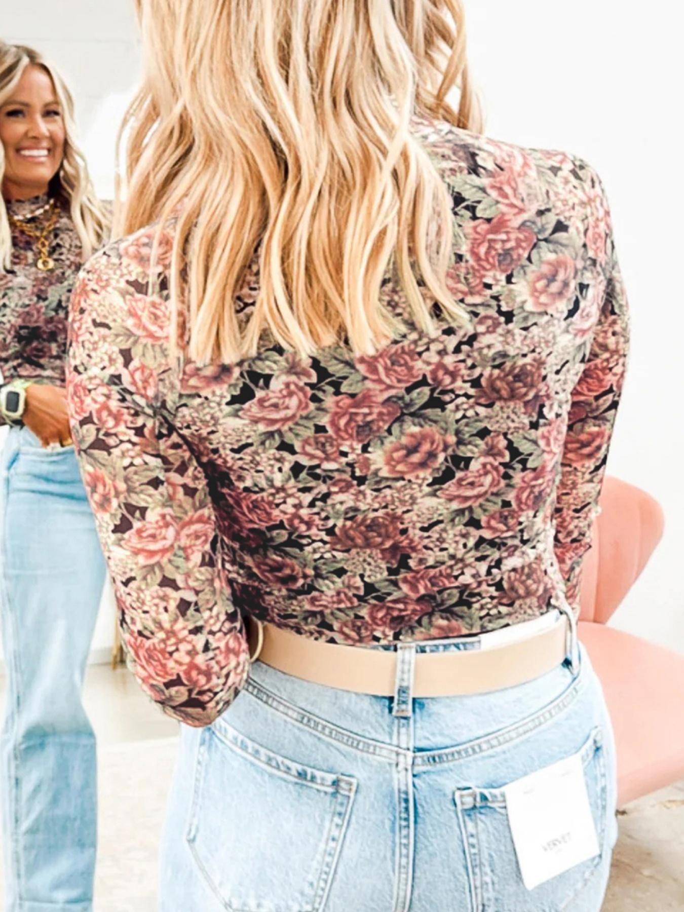 Spring & Fall Fashion Vintage Floral Print Half High Neck Mesh Long Sleeve Fitted Top, Women's Casual Elegant Blouse, Stylish Daily Wear