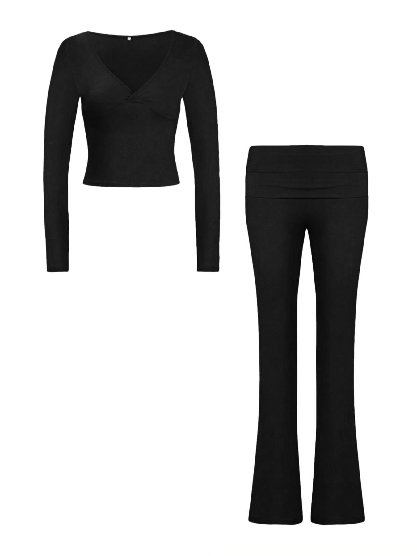 Women's 2 Piece Matching Set Long Sleeve Deep V Neck Crop Top and Foldover Flare Leggings Yoga Outfit,Women's 2 Piece Matching Set Long Sleeve Deep V Neck Crop Top and Foldover Flare Leggings Yoga Outfit Yoga Bottoms,Airport Outfit, Flare Leg Sports