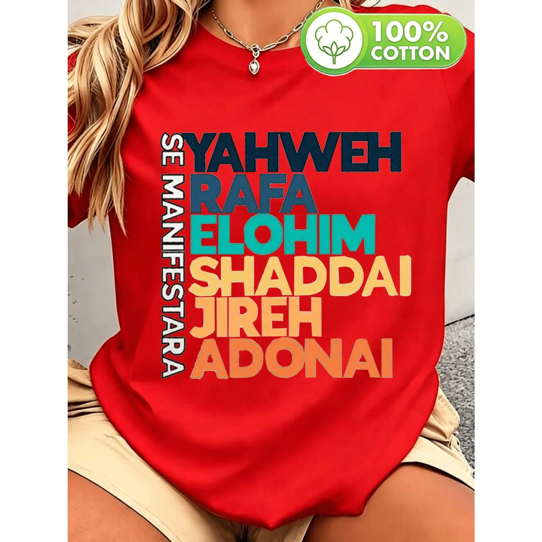 Women's 100% Cotton Short-Sleeve Round Neck Sports Top - Jehovah Rapha Elohim Shaddai Adonai Faith-Themed Print, 1-Piece Spiritual Statement Fit Top, Ideal Gift for Sports & Outdoor Use