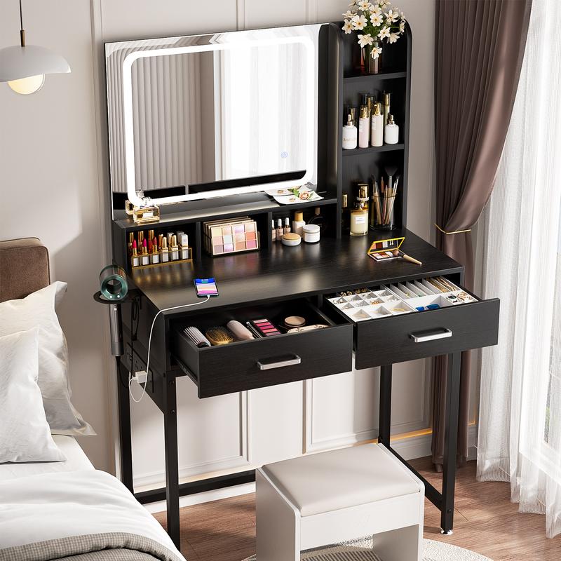 Vanity Desk with LED Mirror & Lights, Makeup Dressing Table with Power Strip, Adjustable Lighting, 2 Drawers & 7 Storage Compartments, Reversible Design, Easy Assembly