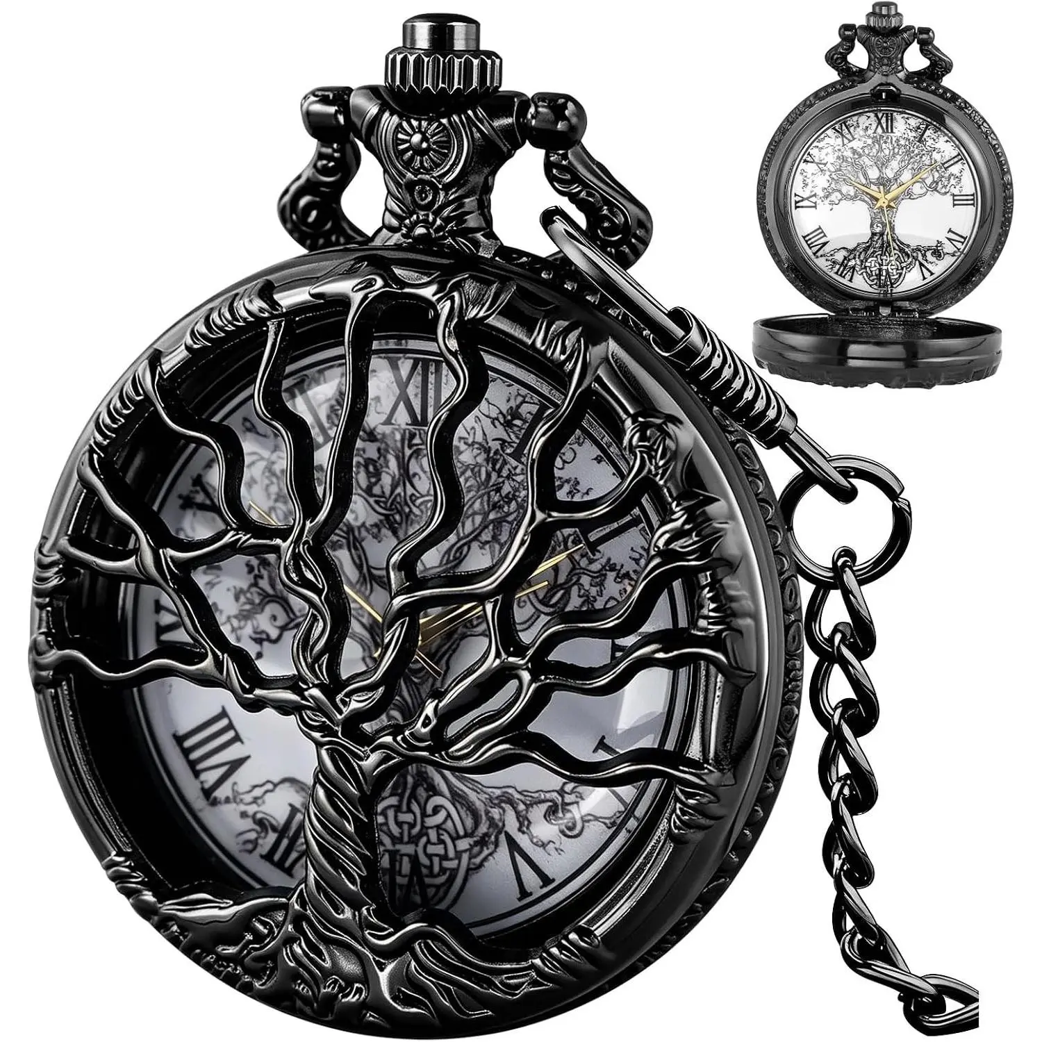 Custom Engraved Bible Verse Quartz Pocket Watch with Hollow Tree of Life Design, Roman Numerals, Chain - Birthday Gift(Gift)