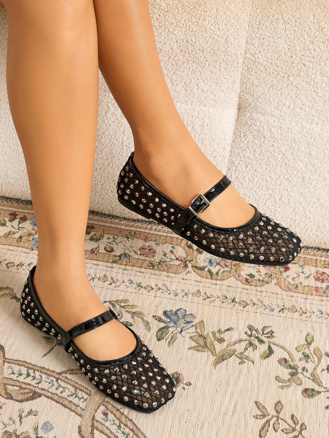 French Rhinestone Hollow Out Classic Mary Jane Shoes for Women, Chic Shoes, Elegant Fairy Style, Classy, Breathable Mesh, Square Toe, Medium Width, Plain Pattern
