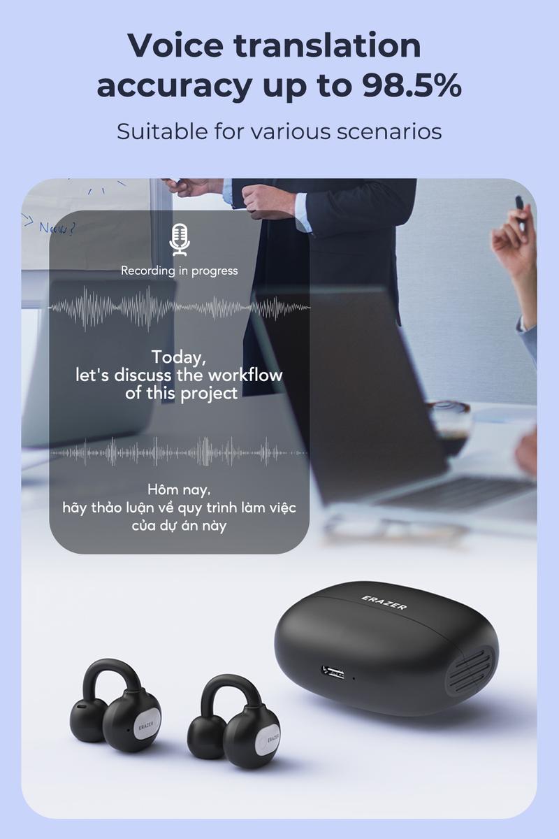 ERAZER XF50 AI clip on translation headphones with 134 language translations, sweat resistant and waterproof, powerful sound effects, and long battery life suitable for music and voice calls, suitable for travel and learning