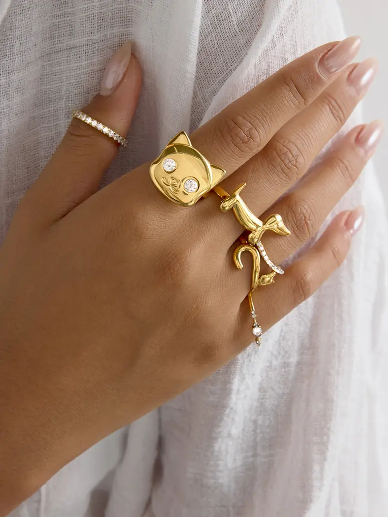 Classic 18K Plated Gold Color Cat Dog Shape Adjustable Open Ring Elegant Fashion Rings With White Zircon Stainless Steel Rings Jewelry