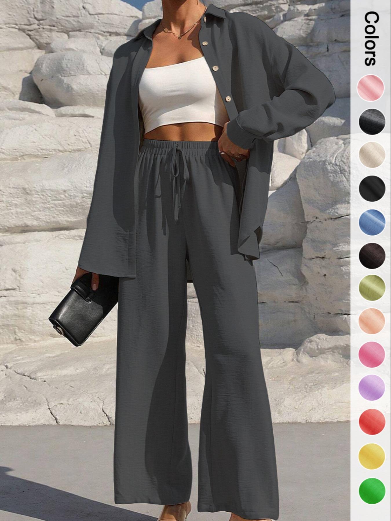 Women's Solid Button Front Shirt & Wide Leg Pants Set, Casual Two-piece Set, Women's Spring & Fall Clothes for Daily Wear, Casual Lounge Set
