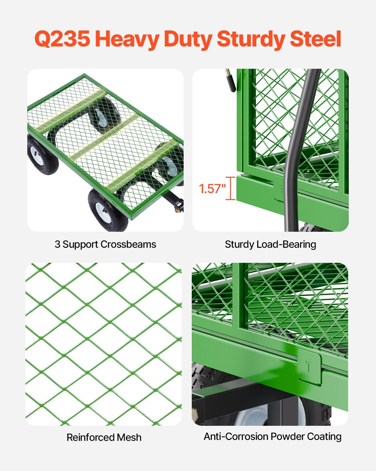 VEVOR 900 Lbs Steel Frame Outdoor Metal Utility Cart, Heavy-Duty Pullable Wagon with 10-Inch Tires, Removable Mesh Sides, Mesh Floor, Convertible Flatbed & 180-Degree Adjustable Handle for Garden Yard Use, 10 Tires, Removable Sides
