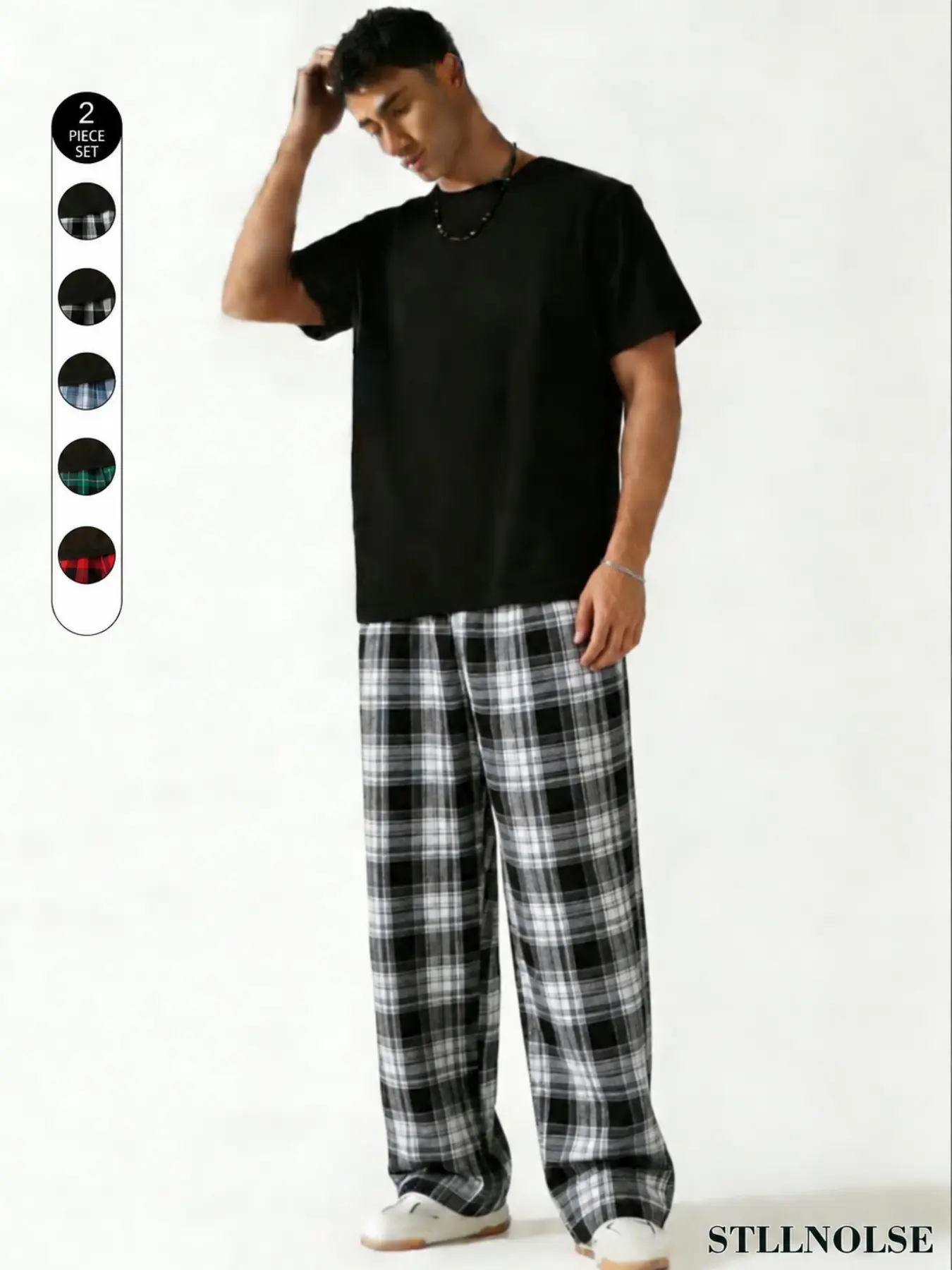 Men's Two-Piece Set, Round Neck Top with Plaid Pants, Casual Loose-Fit Pajama Set, Comfortable All-Season Wear, Multiple Colors Available