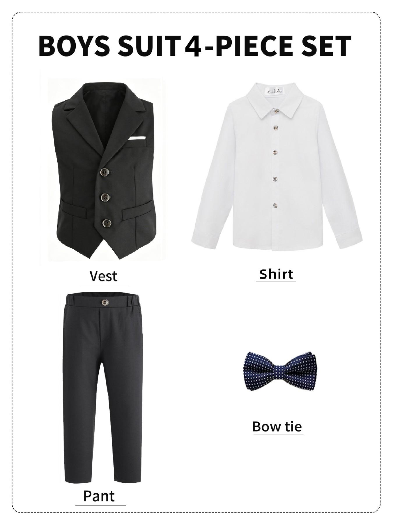 Boys' Elegant 4-Piece Formal Suit (Shirt + Lapel Vest + Elastic Waist Trousers + Striped Tie) 5 Colors Available, Sizes 100-150cm, Slim Fit for Weddings, Parties & Performances