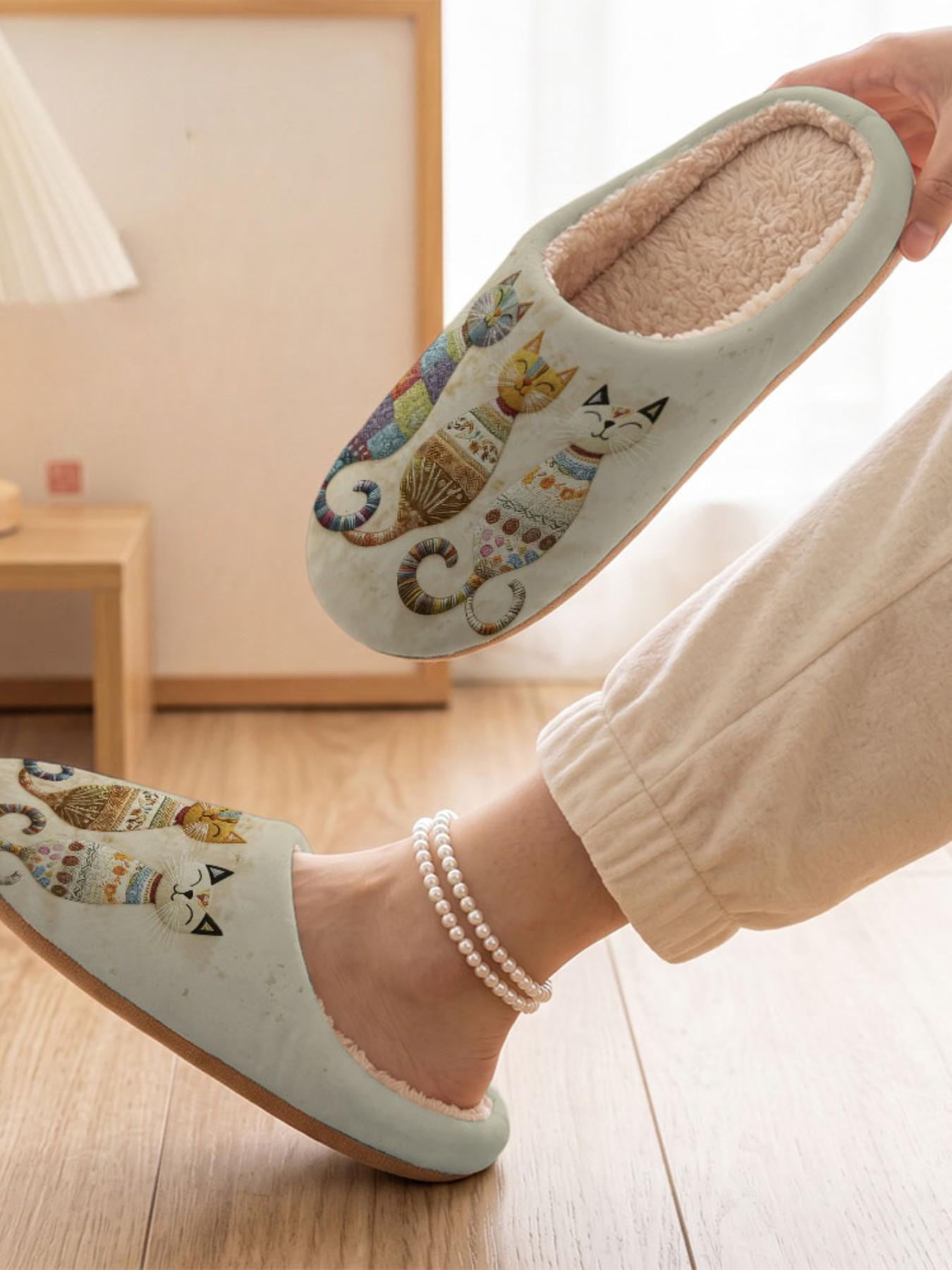 Women's Halloween Plush House Slippers, Cute Pet Prints, Fall Winter Non-Slip Warm Indoor Shoes, Casual Fabric Upper