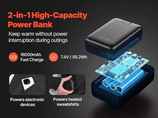 VEVOR Heated Jacket Hoodie for Men Women, Heated Sweatshirt Unisex Full-Zip with 7.4V 16000mAh Power Bank Pack, 5 Heating Zones, 3 Temp Levels, 4-8H Warmth, for Winter Outdoor Camping, Black, XL Size
