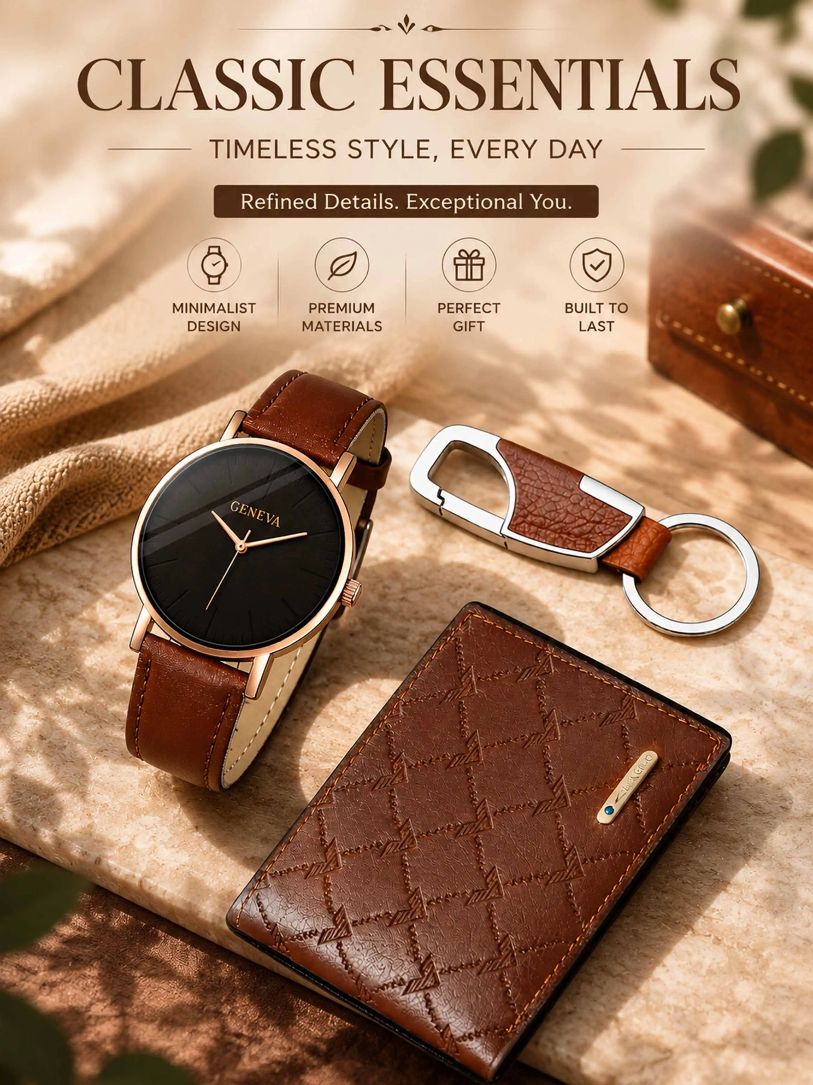 Men's PU Leather Quartz Movement Watch Set with Wallet Keychain, Round Analog Dial with Hardlex Glass, Casual Style, Everyday Wear, Perfect Gift for Husband