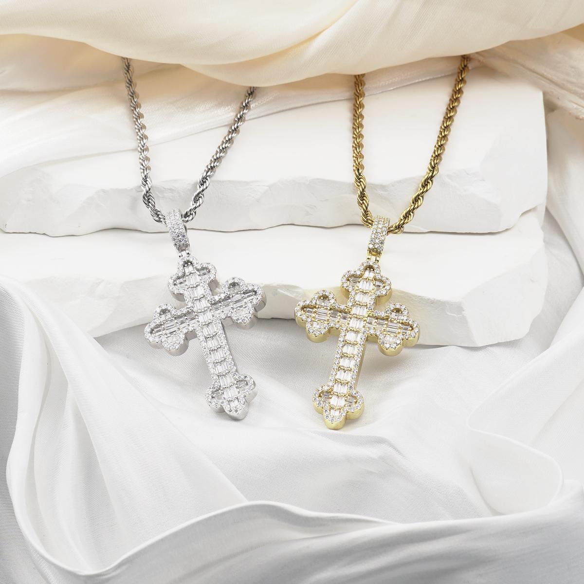 Delzzad Cross Pendant VVS Micro Pave Baguette Synthetic Moissanite S925 Crossnecklace Unisex Necklace Jewelry Wedding Anniversary Engagement Christmas Gift for Men Women