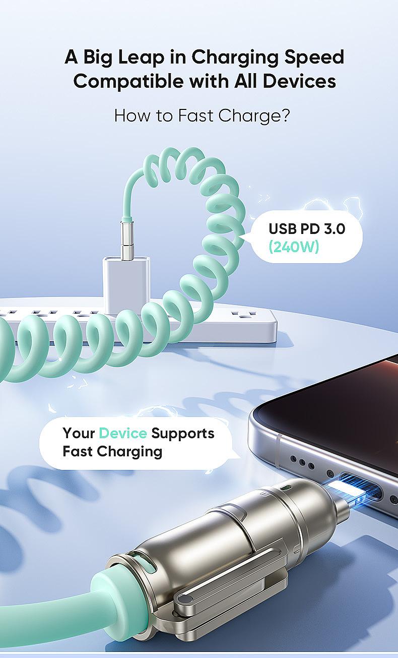 NEW - MAGIC JOHN Aromatherapy 4-in-1 Coiled Universal USB Charger Cable ️240W Fast Charging & Data Sync for iPhone & Android, Build-in fragrant, Retractable CarPlay Cord