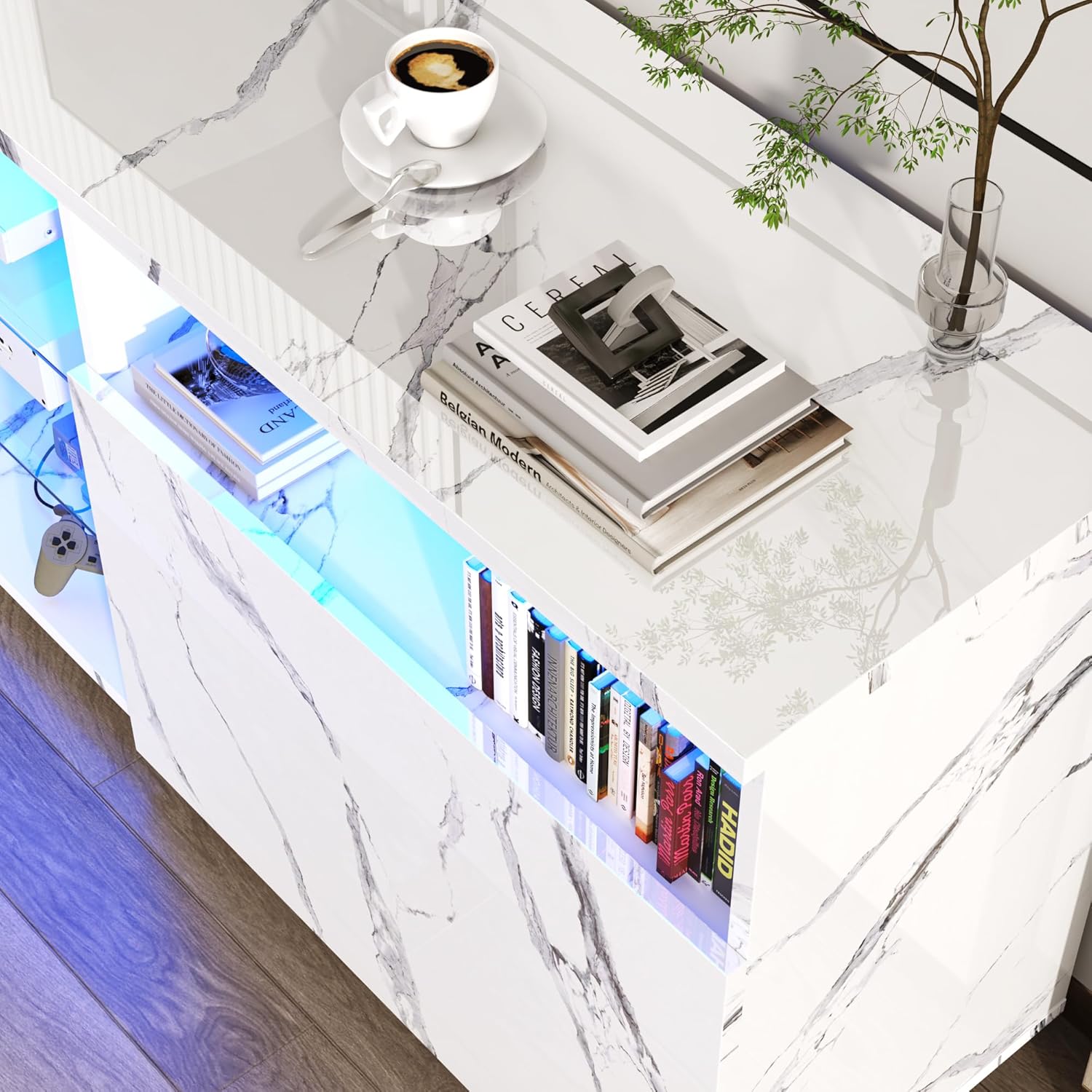 Modern LED 57/65/71/80.7/86.6in TV Stand for 55/60/65/70/75/80/85/90/95 inch TV,High Glossy TV Entertainment Center with Storage Drawer,TV Stands for Living Room,APP RGB Light,Smart Modern TV Cabinet (Black/White Marble/Black Marble)