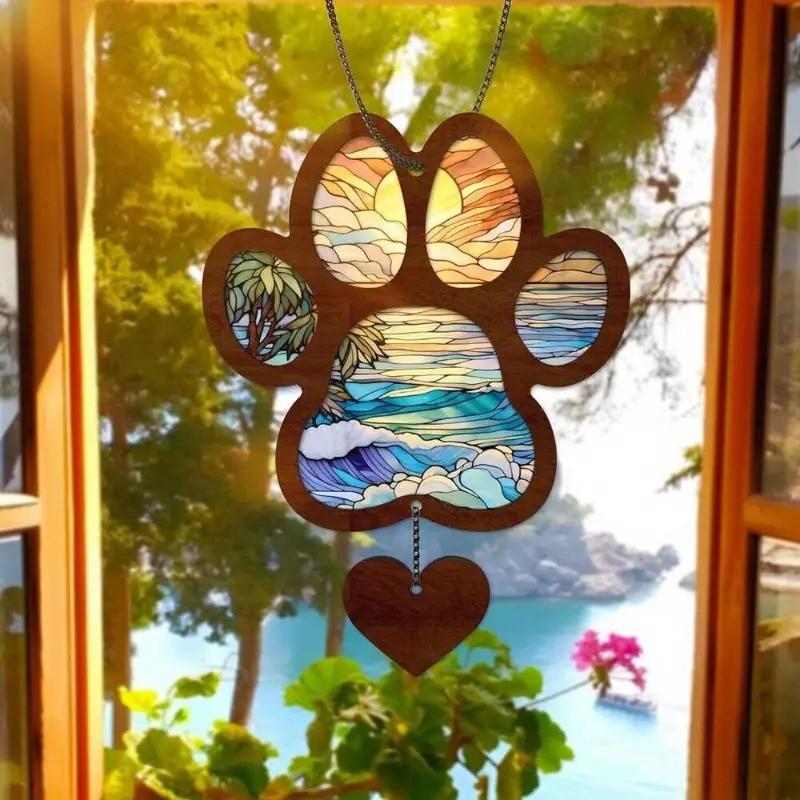 Heart-Shaped Sun Catcher Hanging Ornament, Acrylic Painted Glass Art, Paw Print Pattern, Vibrant Sunset Colors, Memorial Gift for Pets