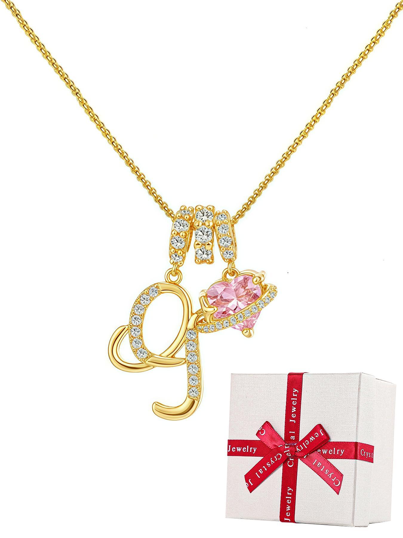 Initial Letter Heart CZ Birthstone Necklace With Rose Jewelry Gift Box, 18K Gold Plated Alphabet Pendant Necklace for Women, Birthday Christmas Jewelry Gift for Women Girl Wife Daughter, Heart Shaped Necklace
