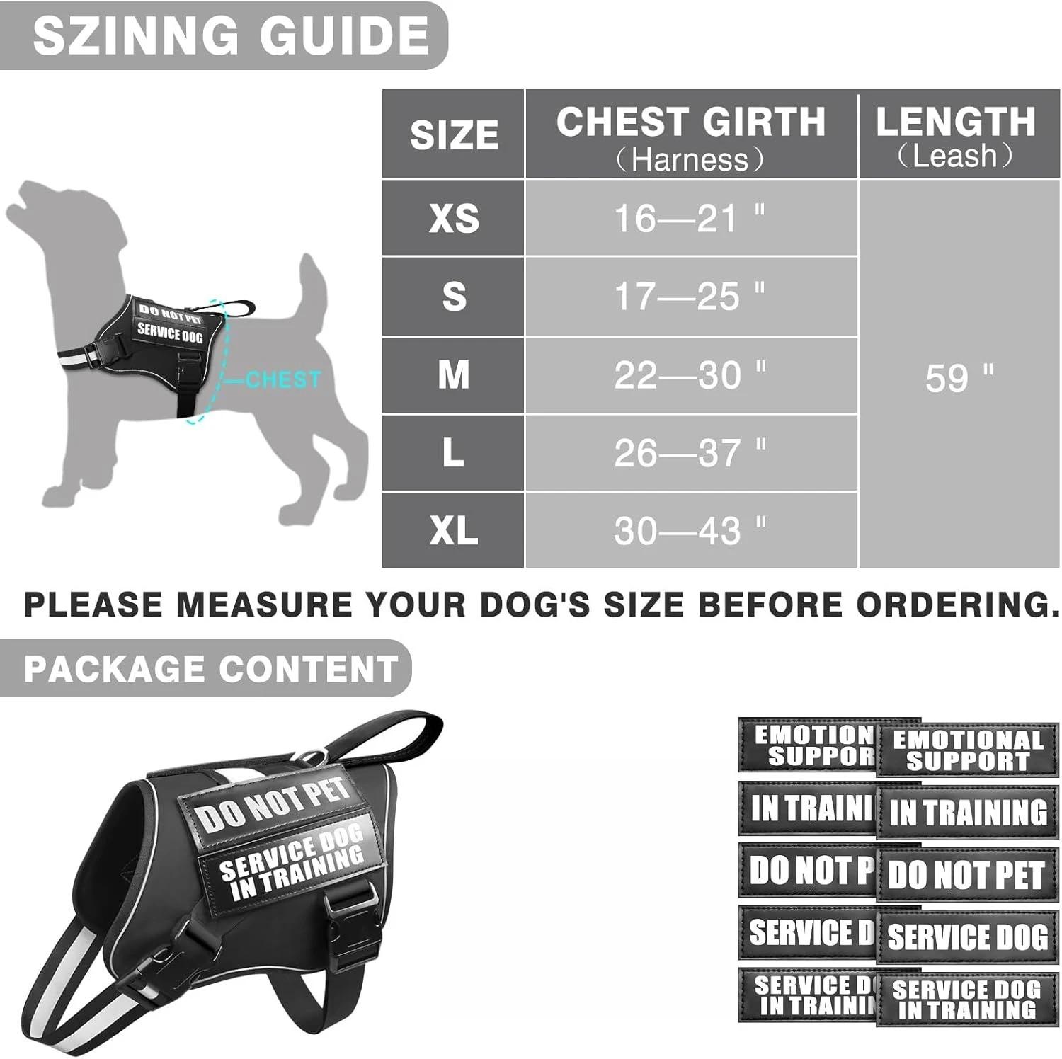 Service Dog Vest Harness with 10 Patches and Leash, No Pull Easy Walk Reflective Harness, Soft Padded Handles for Training and Daily Use