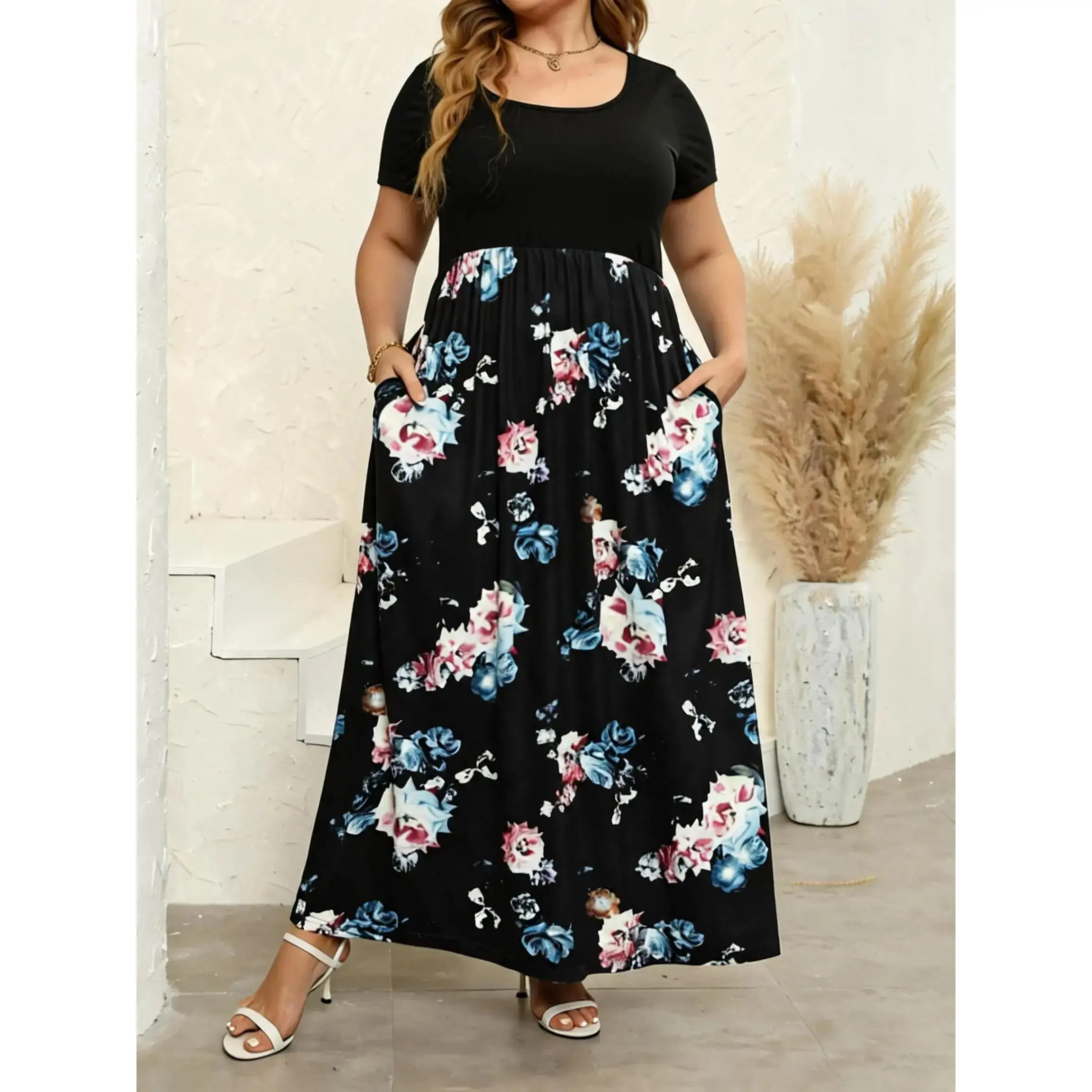 【Plus Size】 Patchwork Boho Floral Printed Pocket Dress, Boho Scoop Neck Short Sleeve Dress, Summer Clothes Women, Casual Boho Style, Casual Wear, Summer Outfits
