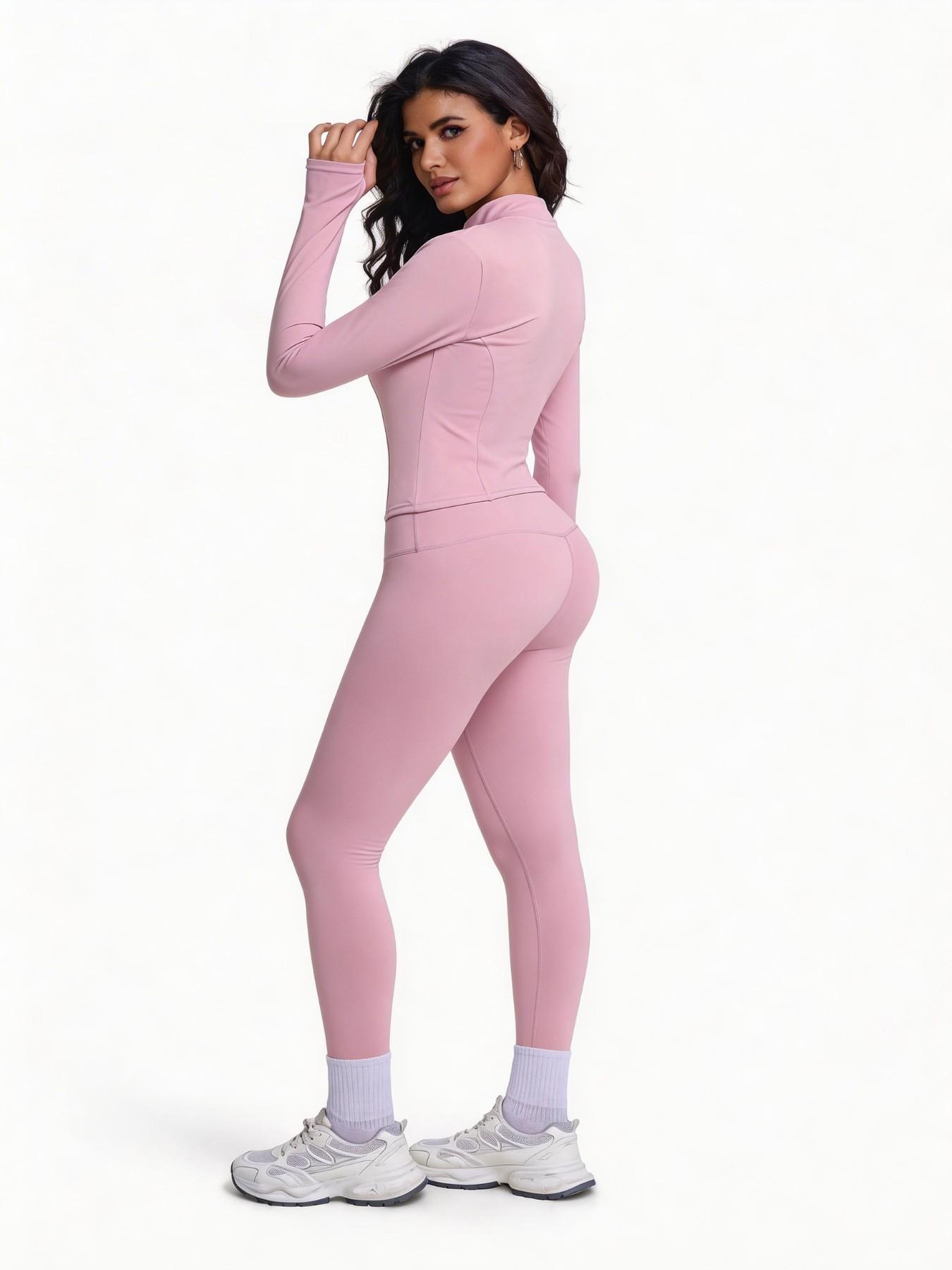 Women's Two-Piece Sport Set, Long Sleeve Zipper Yoga Jacket & High-Waist Tight Pants, Slim Fit, Fall Winter, Gym Running Fitness