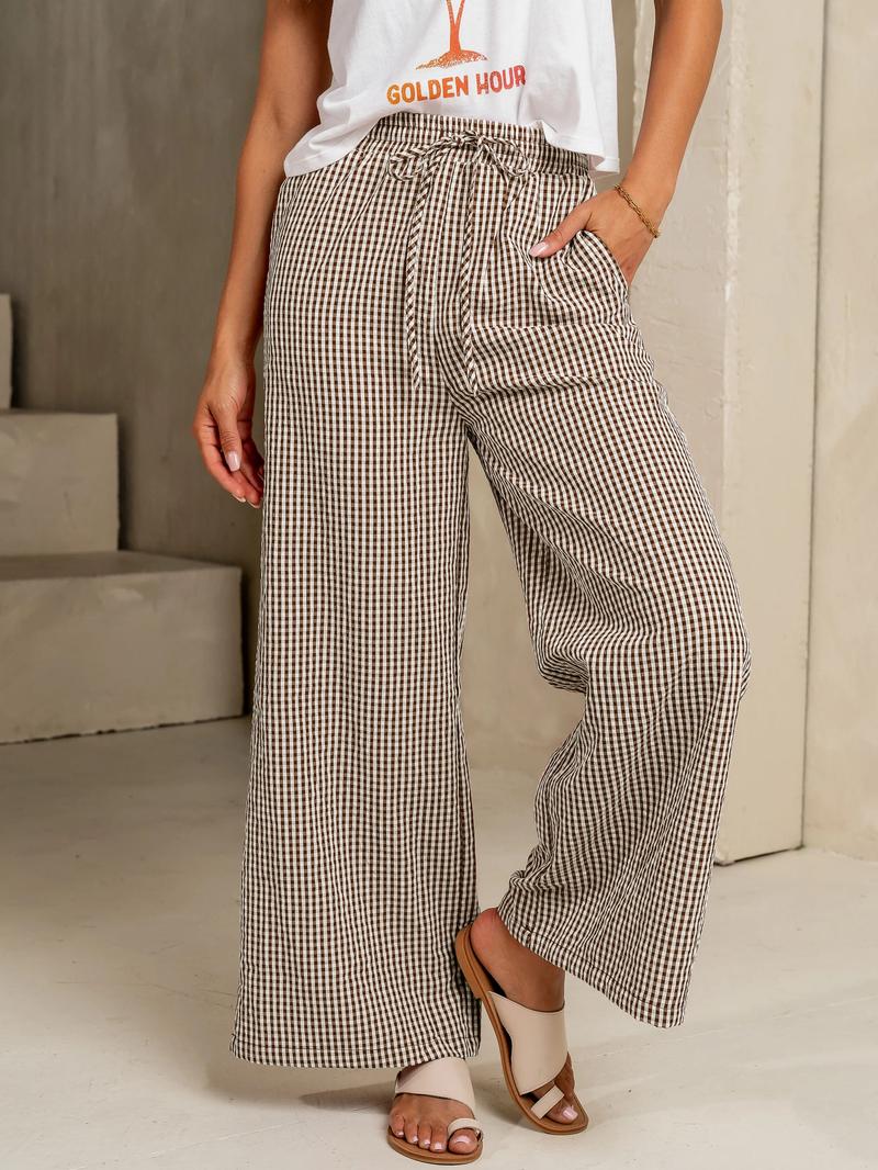 Women's Plaid Wide Leg Pants, Casual Loose Straight Fit, Drawstring Waist, Pockets, Home Sleepwear, Spring & Fall Fashion