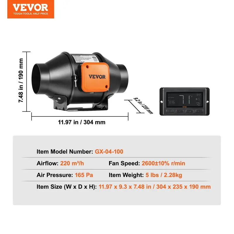 【toolupgrade】VEVOR 4-Inch Inline Duct Fan, 205 CFM Quiet EC-Motor Ventilation Fan with Boost Mode, PWM Temperature Humidity Control & Sensor, Energy-Efficient Compact Unit for Indoor Grow Tents