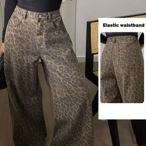 Women's Leopard‑Print High‑Waist Wide‑Leg Baggy Denim Jeans, Trendy Comfortable Casual Everyday Pants High Waisted Silhouette