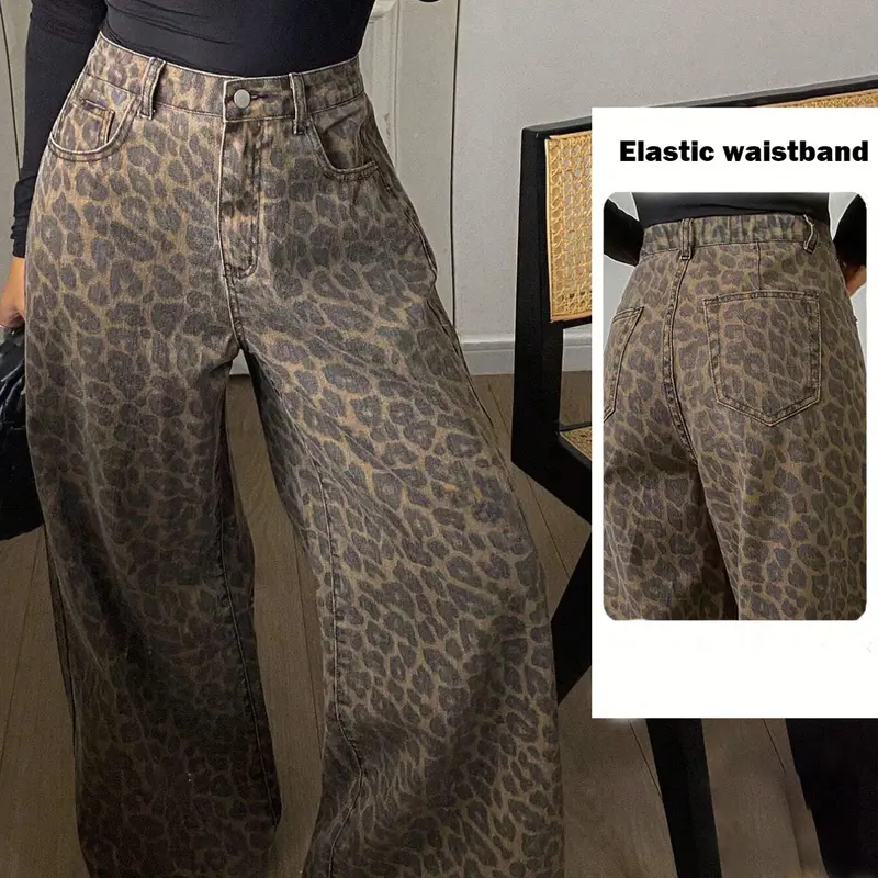 Women's Leopard‑Print High‑Waist Wide‑Leg Baggy Denim Jeans, Trendy Comfortable Casual Everyday Pants High Waisted Silhouette