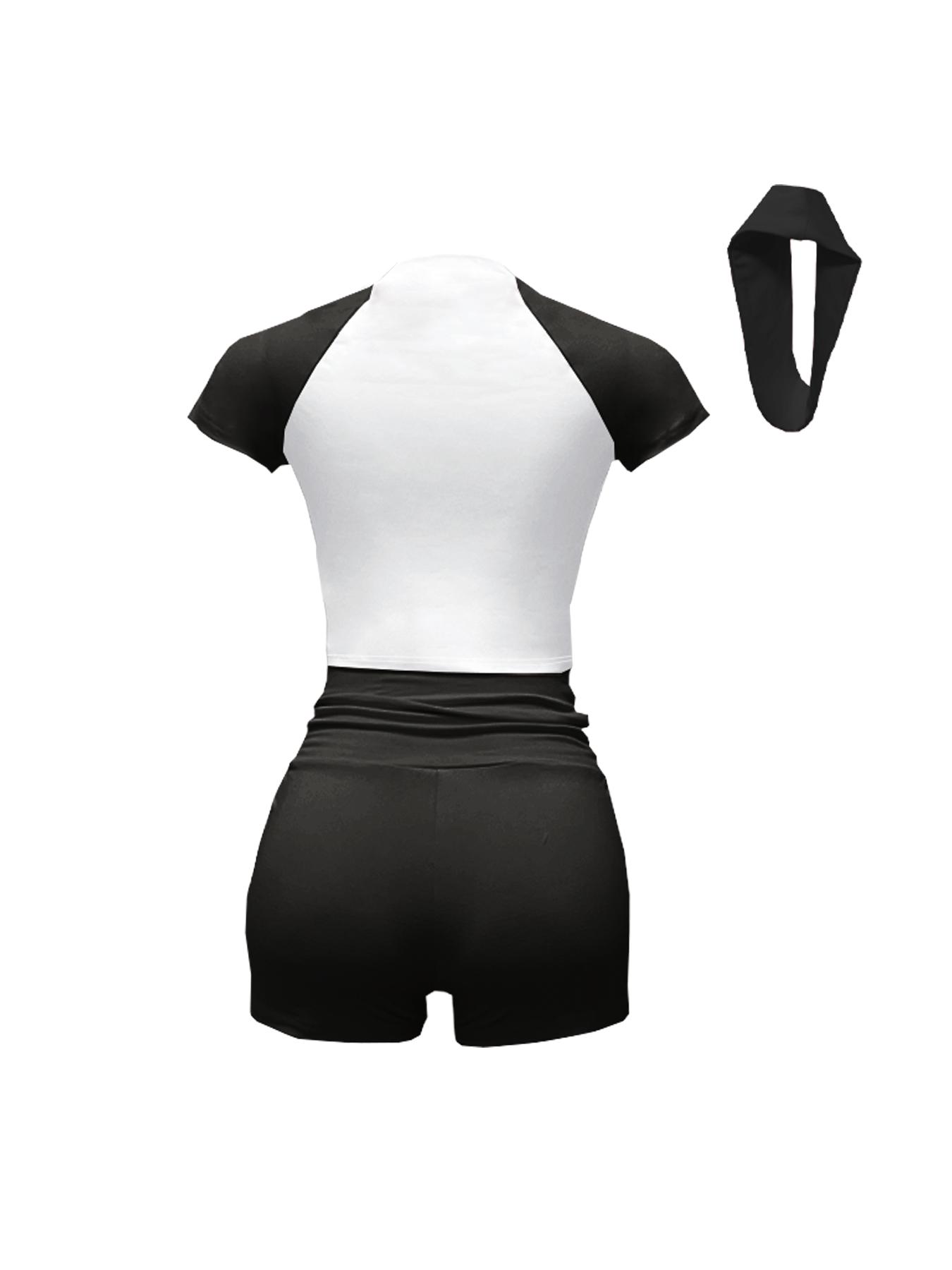 Women's 3-Piece Color Block Round Neck Short-Sleeve T-Shirt & High-Waisted Shorts & Headband Sporty Set, Casual Streetwear, Casual Sportswear Set, Casual Sportswear Outfit