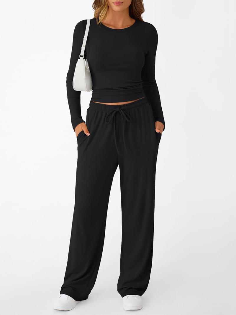 Women's 2 Piece Matching Lounge Set Long Sleeve Slightly Crop Top Wide Leg Pants Casual Sweatsuit 2026