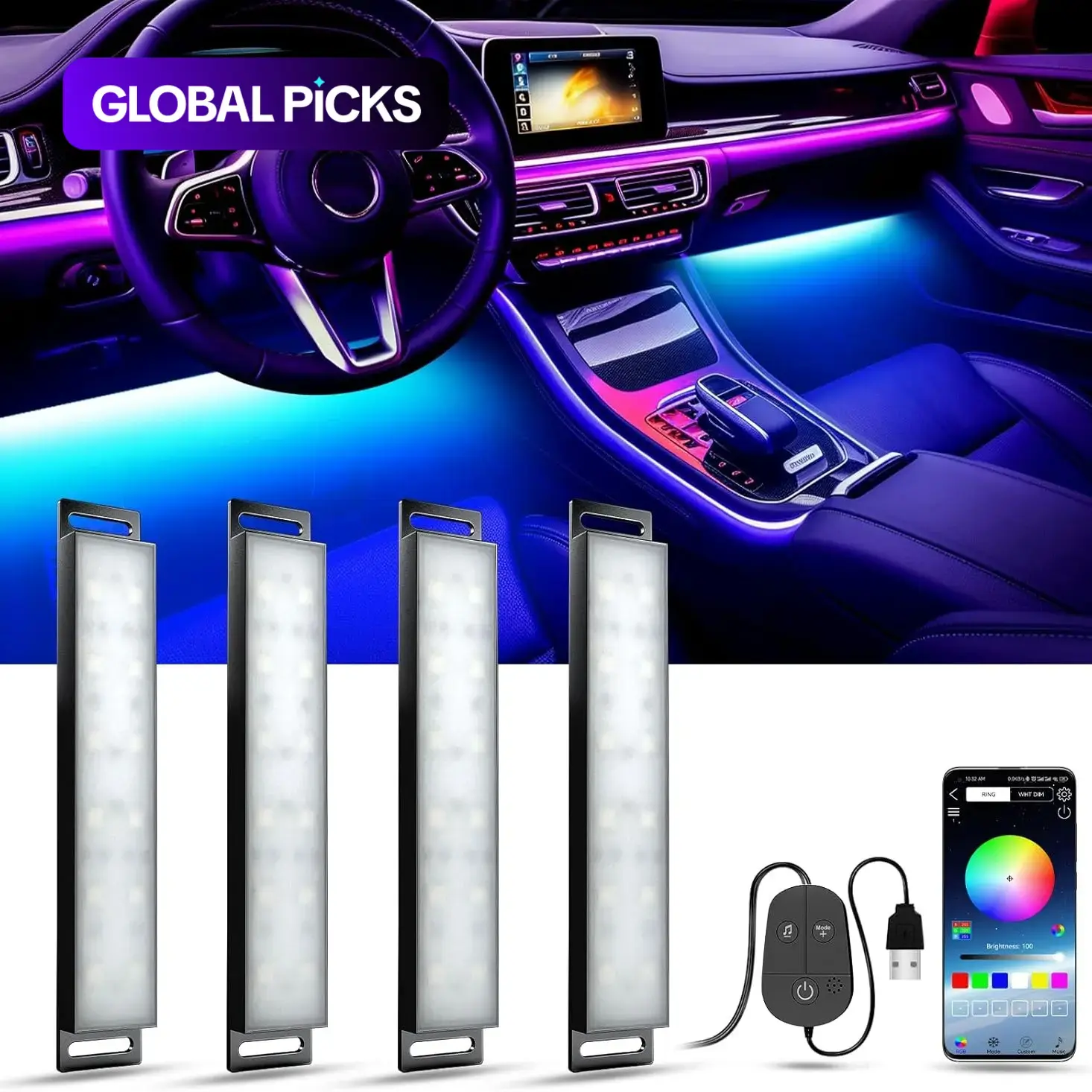 App Control Car LED Interior Lights Bar | Music Sync RGB Color Changing | USB & Cigarette Lighter | Smart Ambient Lighting for Car Interior Decoration | Xmas Gift for Men Women Family