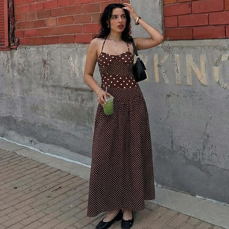 Women's Polka Dot Print Tie-neck Halter Dress, Bust Twisted Ruched Sleeveless Backless A-line Slip Dress, Party Club Date Holiday Beach Vacation Daily Casual Sweet Cami Maxi Long Dresses For Ladies Summer Fashion Clothes Wear