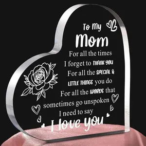 Transparent Heart-Shaped Acrylic Decoration Block with Flower & Letter Pattern, Premium Home Decor Sign, Inspirational To My Mom Gift for Mother’s Day & Mom’s Birthday Keepsake Summerwins