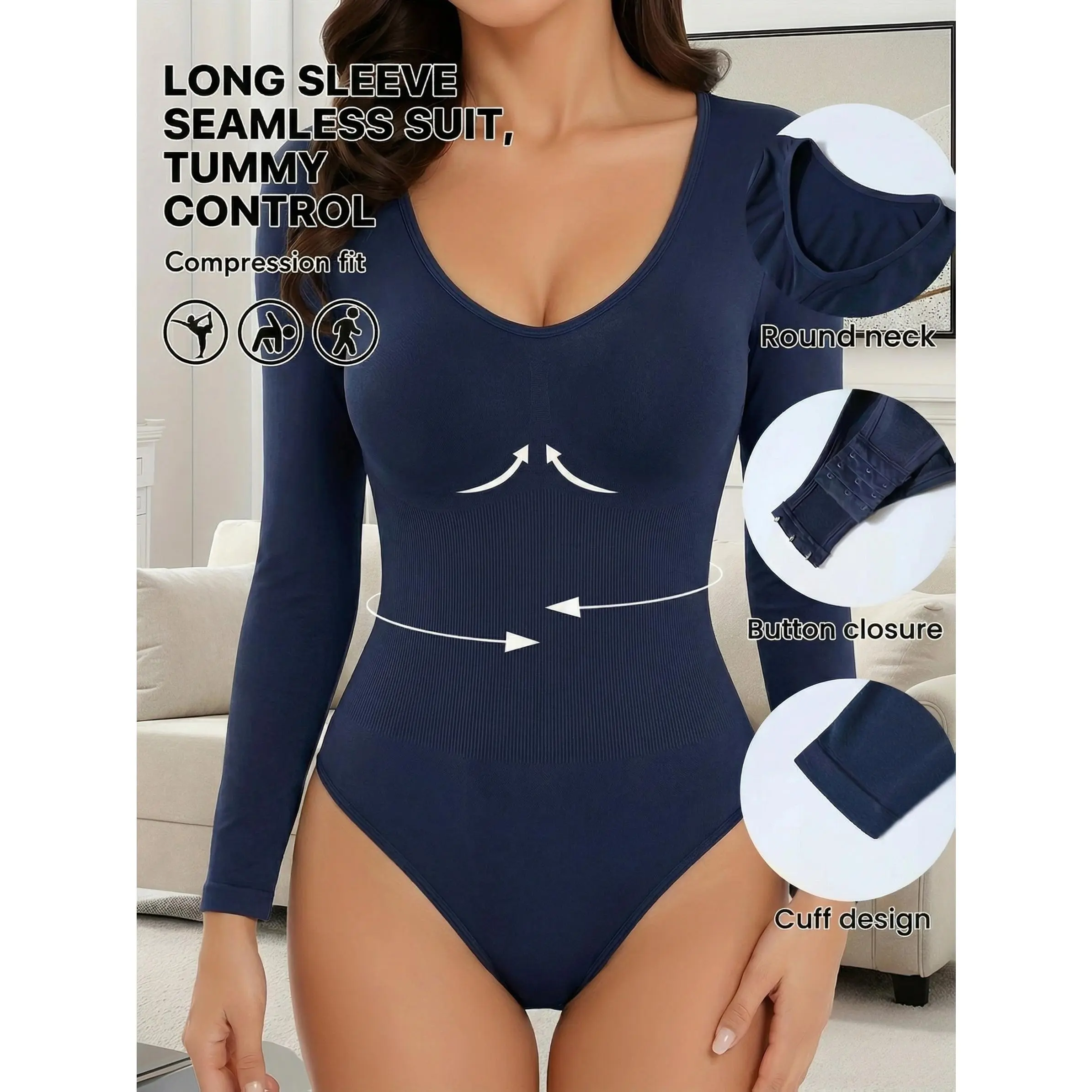 Plus Size, 1pc ZIMI Women's Plus Size Long-Sleeve Bodysuit - Stretchy Full-Length Suitable for -body Types, Wrinkle-Resistant Inner Layer with Snap Buttons for Easy On/Off, Round Neck Blouse Bodysuit for, Casual & Everyday