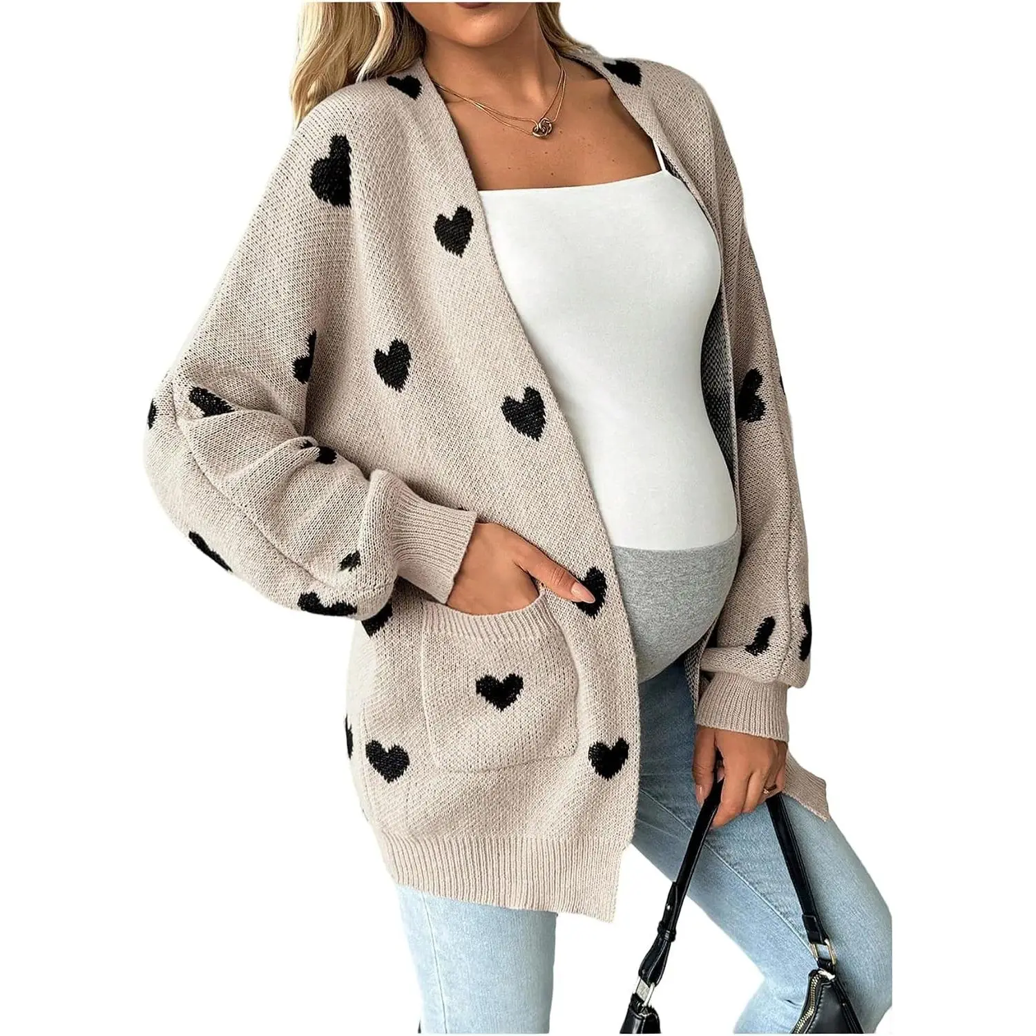 Women's Maternity Sweater Cardigan Heart Print Long Sleeve Open Front Cute Coat