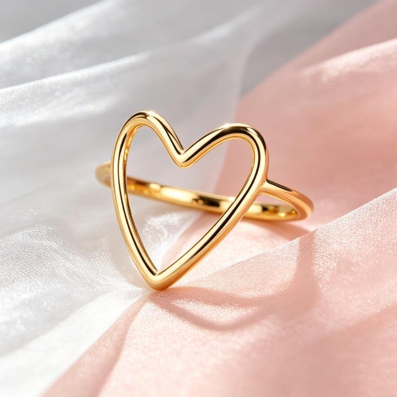 Hollow Big Heart Polished Thin Gold Band Minimalist Gentle Statement Ring, Soft Promise Ring, Simple Anniversary Ring, Stackable Ring, Slim Dainty Jewelry for Valentine Dates, Christmas Gifts and Daily Stacking Travel Looks